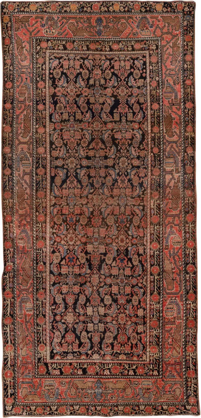 4' x 10' one-of-a-kind handmade vintage Malayer runner rug. Color palette: black, blue, brown, charcoal, gray, pink, red