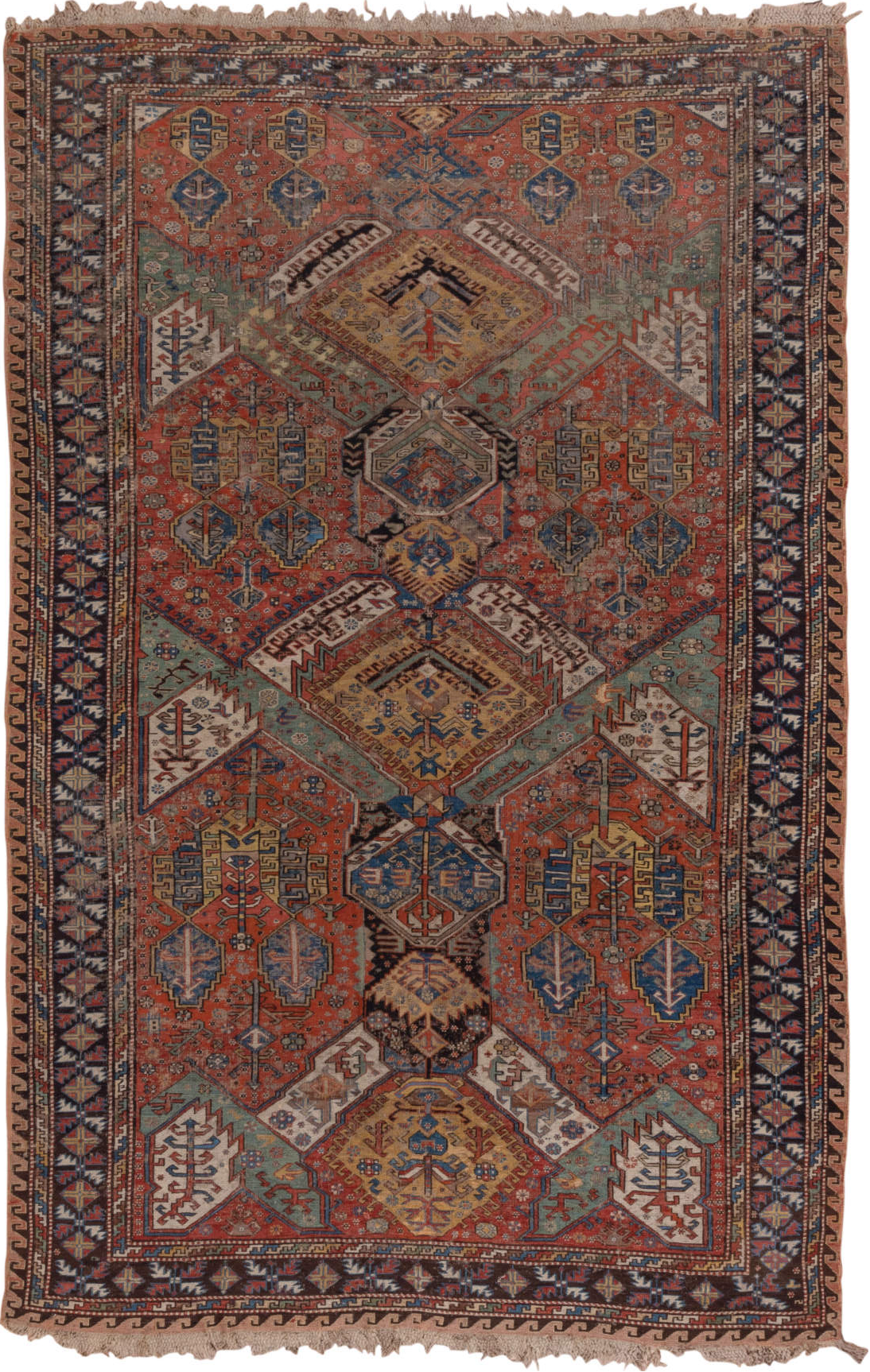 6' x 10' one-of-a-kind handmade vintage Sumak large size rug. Color palette: black, blue, brown, charcoal, dark gray, gray