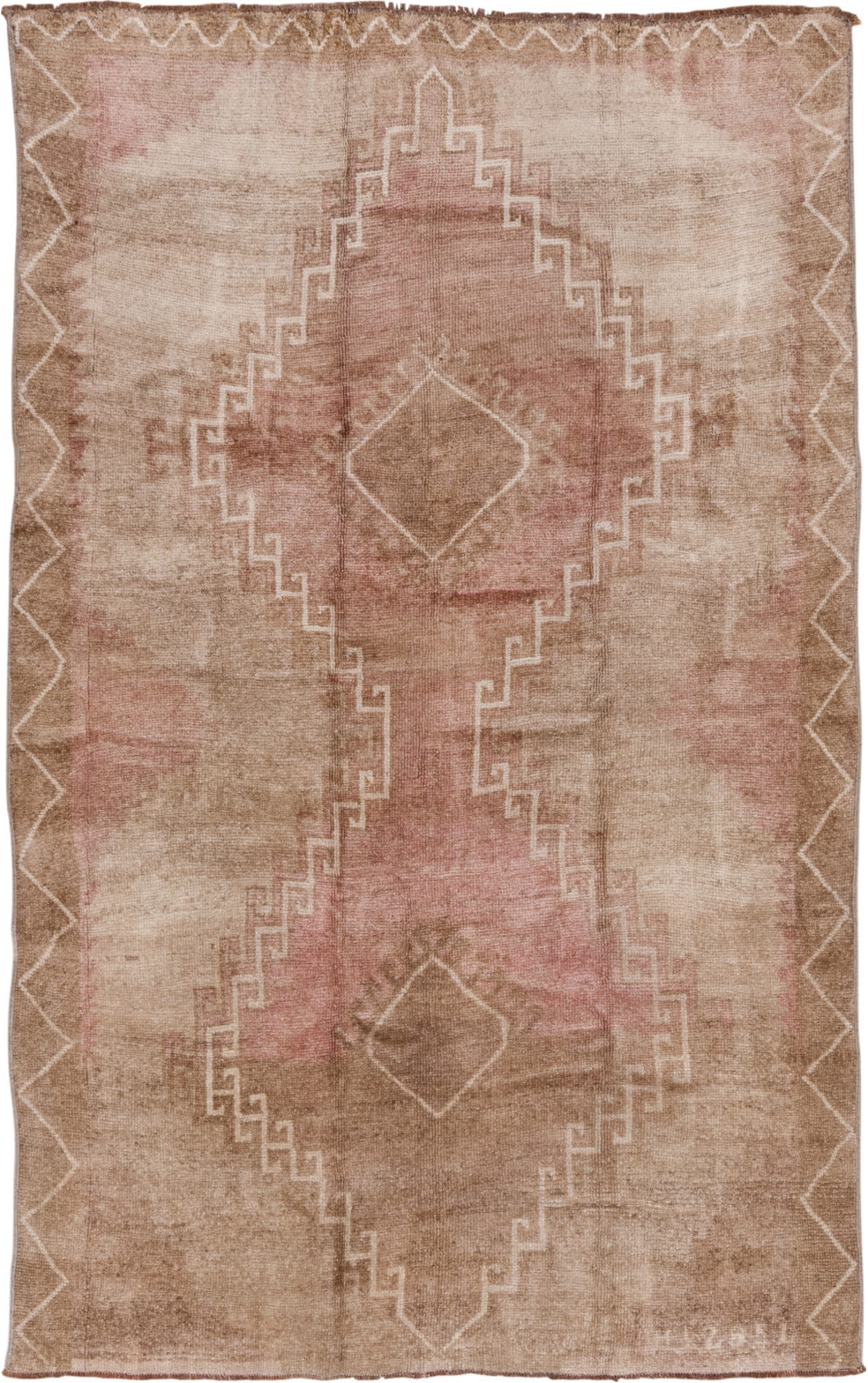 6' x 9' one-of-a-kind handmade vintage Oushak medium size rug. Color palette: brown, gray, light gray, off-white, pink, snow