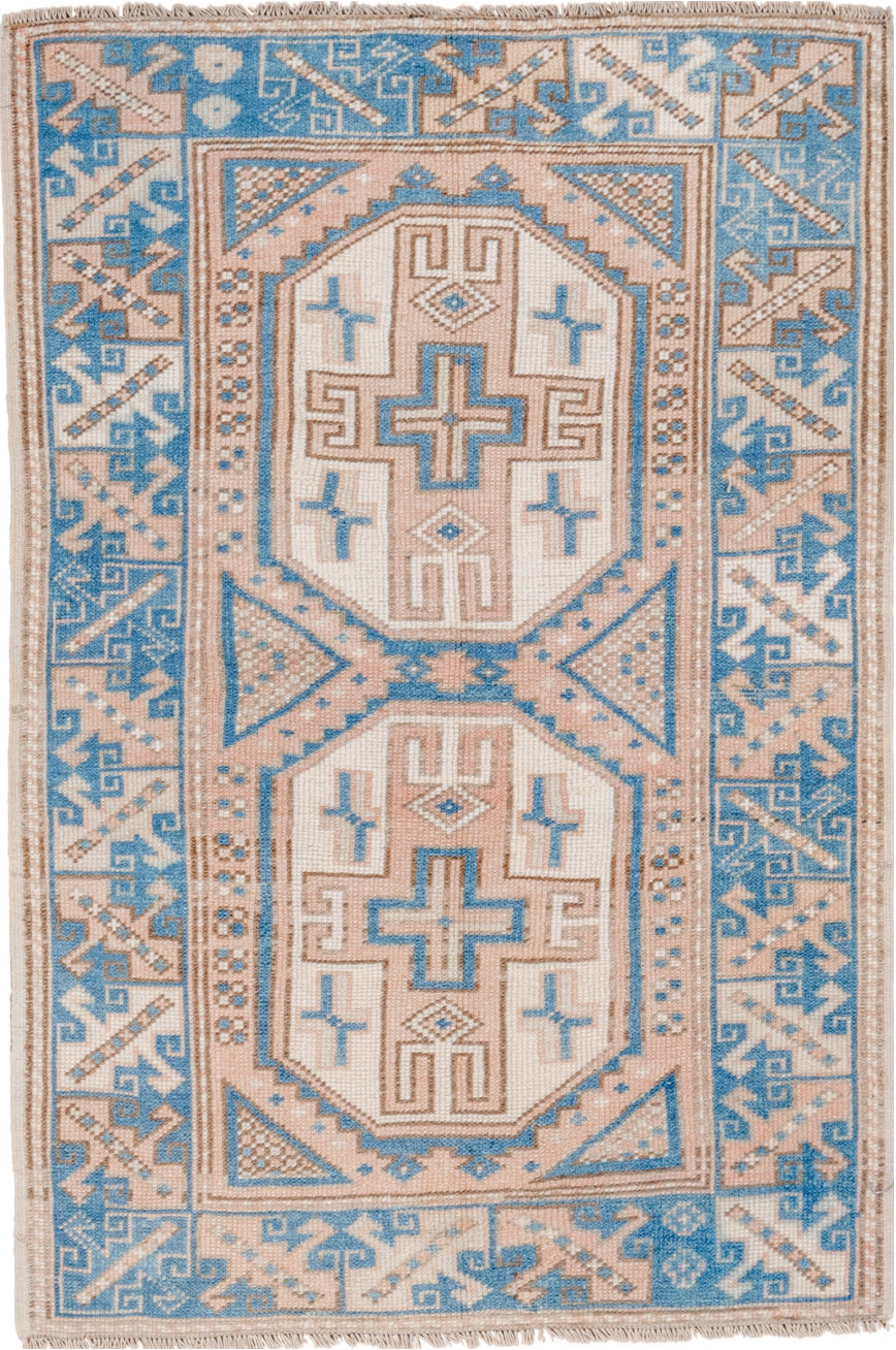3' x 4' one-of-a-kind handmade vintage Oushak small size rug. Color palette: gray, brown, light gray, off-white, pink, blue