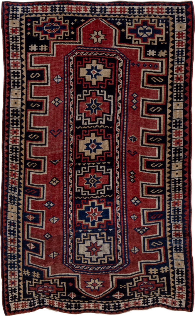 4' x 6' one-of-a-kind handmade vintage Trans Caucasian small size rug. Color palette: red, brown, gray, pink, black, wine