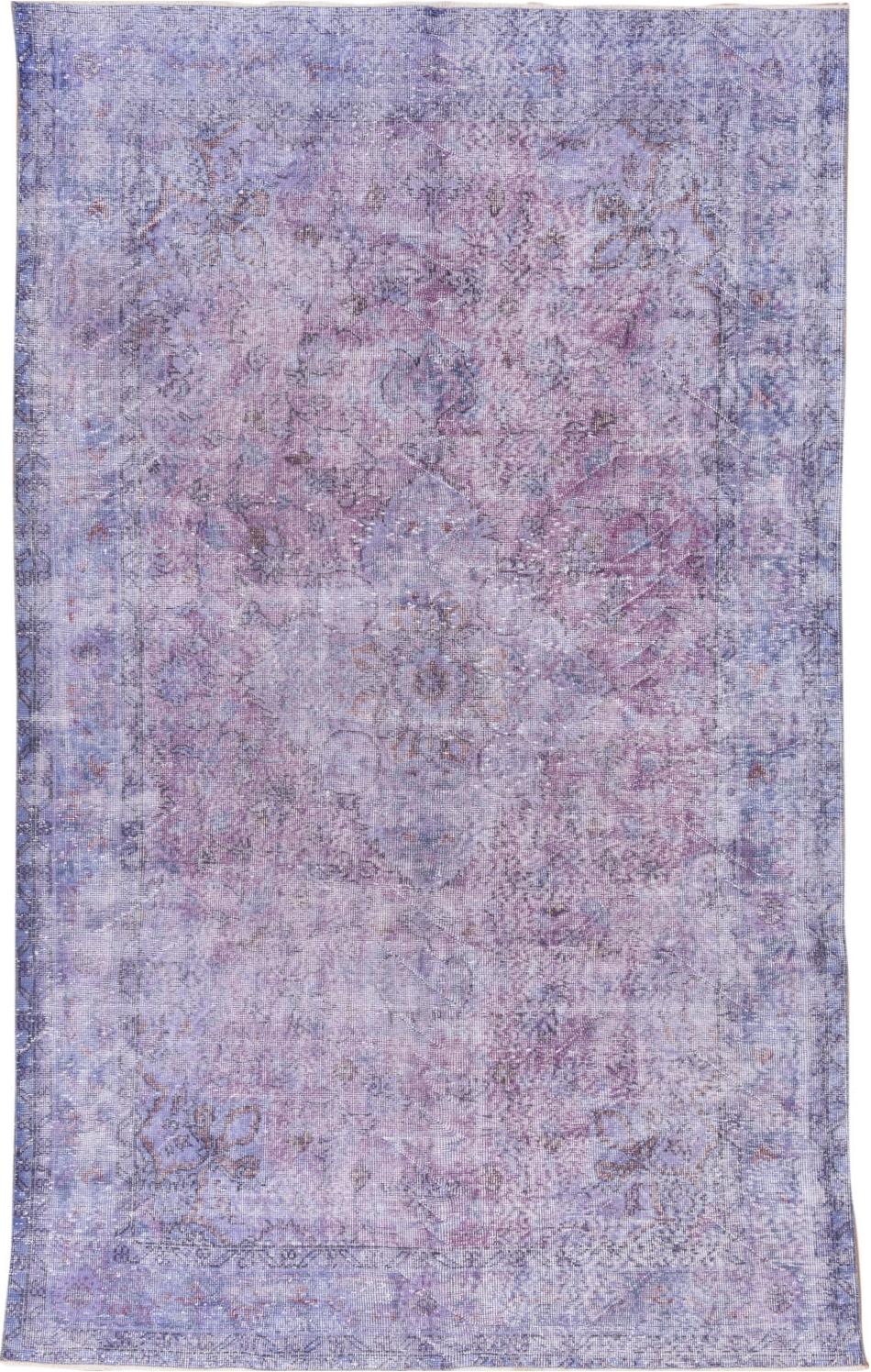 5' x 9' one-of-a-kind handmade vintage Overdyed medium size rug. Color palette: blue, gray, light blue, light gray