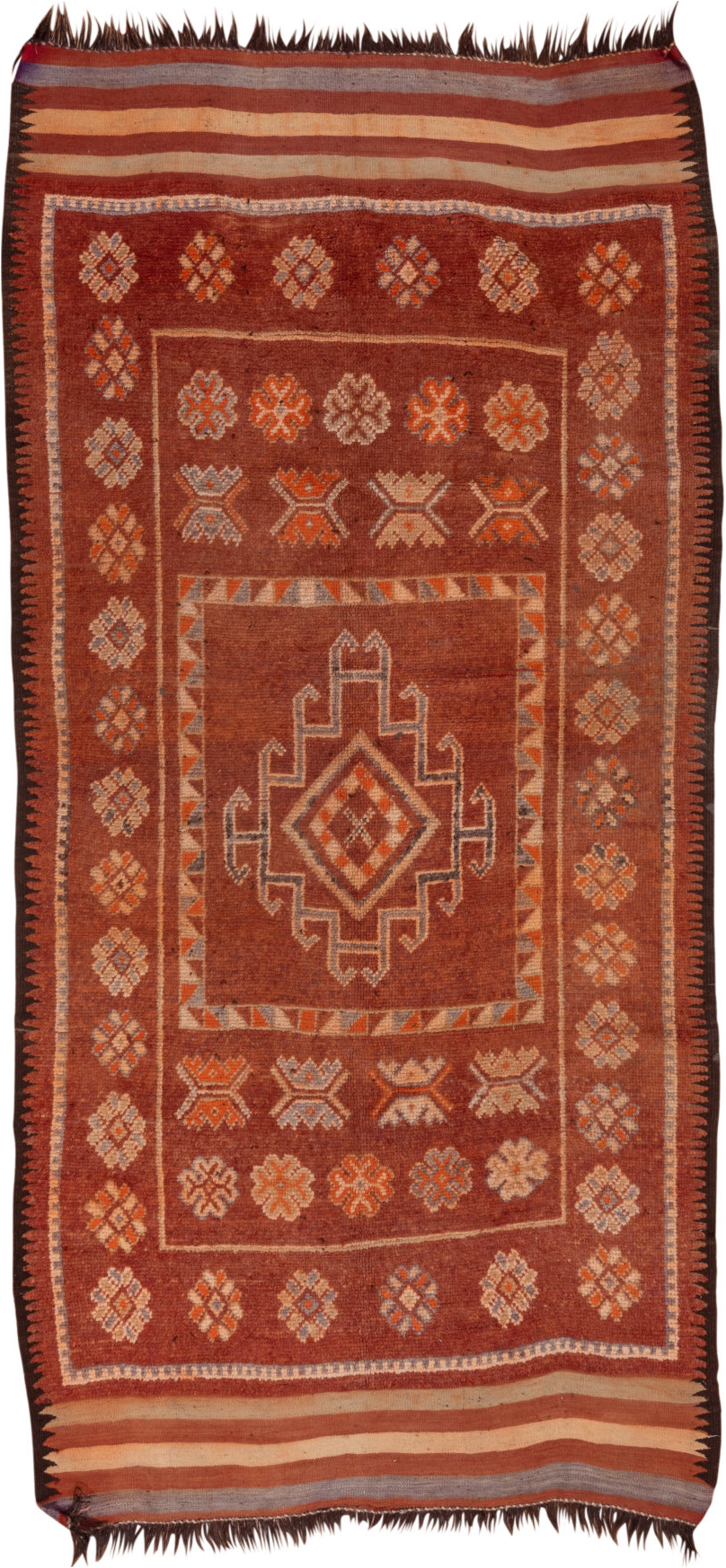 5' x 12' one-of-a-kind handmade vintage Moroccan rug. Color palette: brown, gray, pink