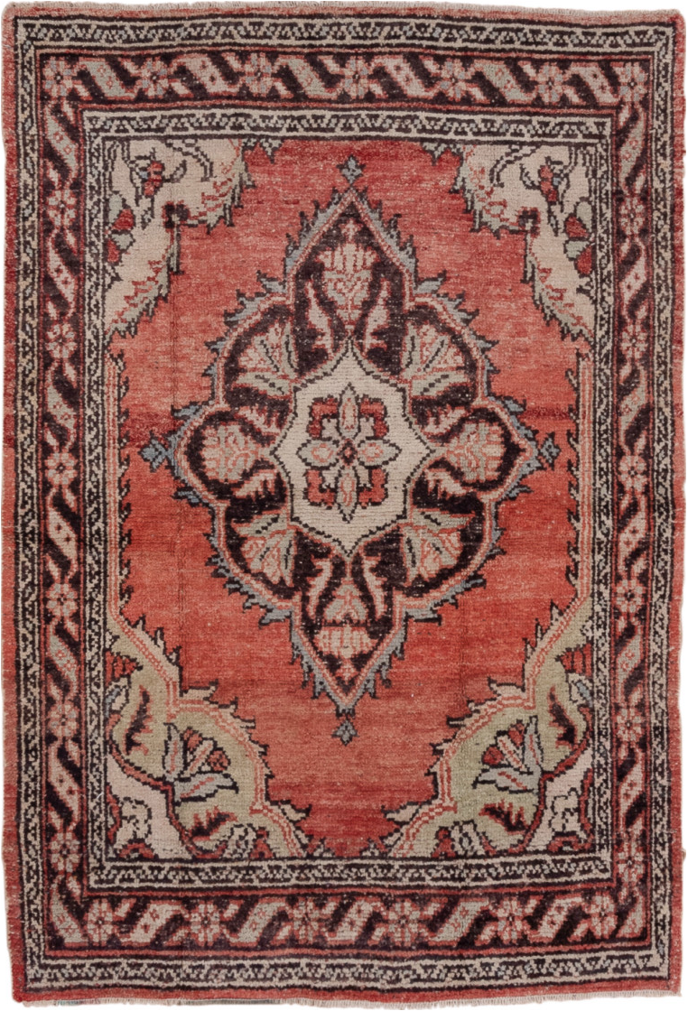 4' x 5' one-of-a-kind handmade vintage Oushak small size rug. Color palette: brown, gray, pink, red, redwood