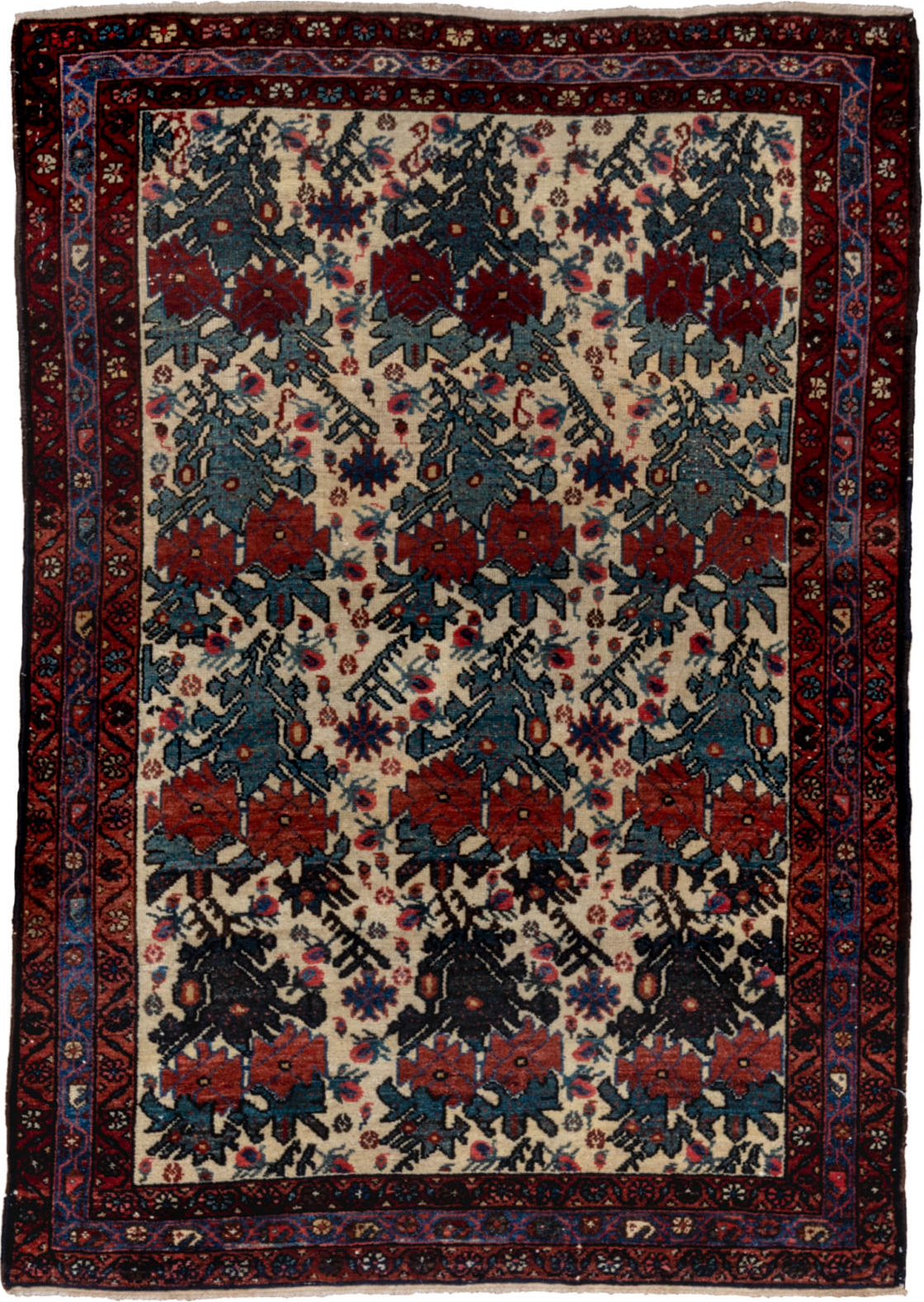3' x 4' one-of-a-kind handmade vintage Malayer small size rug. Color palette: gray, off-white, brown, red, blue, pink, black