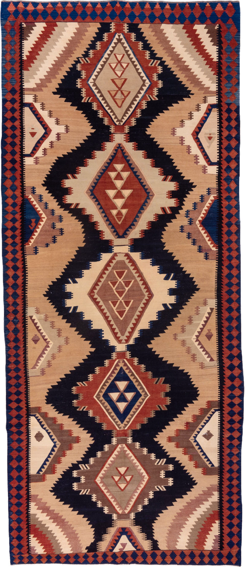 6' x 15' one-of-a-kind handmade vintage Kilim rug. Color palette: blue, brown, gray, off-white, orange, pink, red, redwood