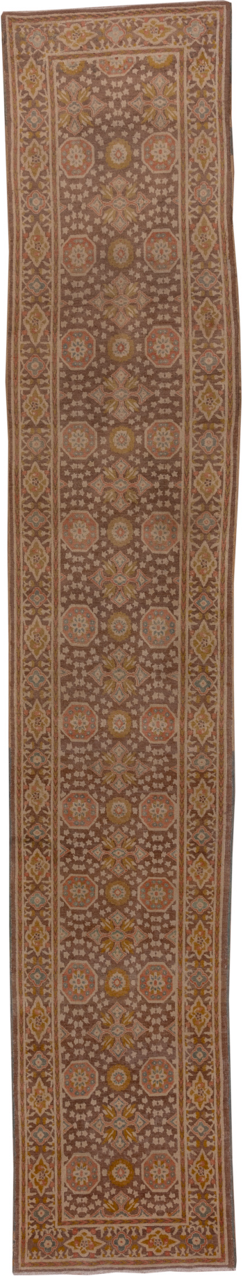 2' x 15' one-of-a-kind handmade vintage Tabriz runner rug. Color palette: brown, off-white, pink, snow, white, whitesmoke