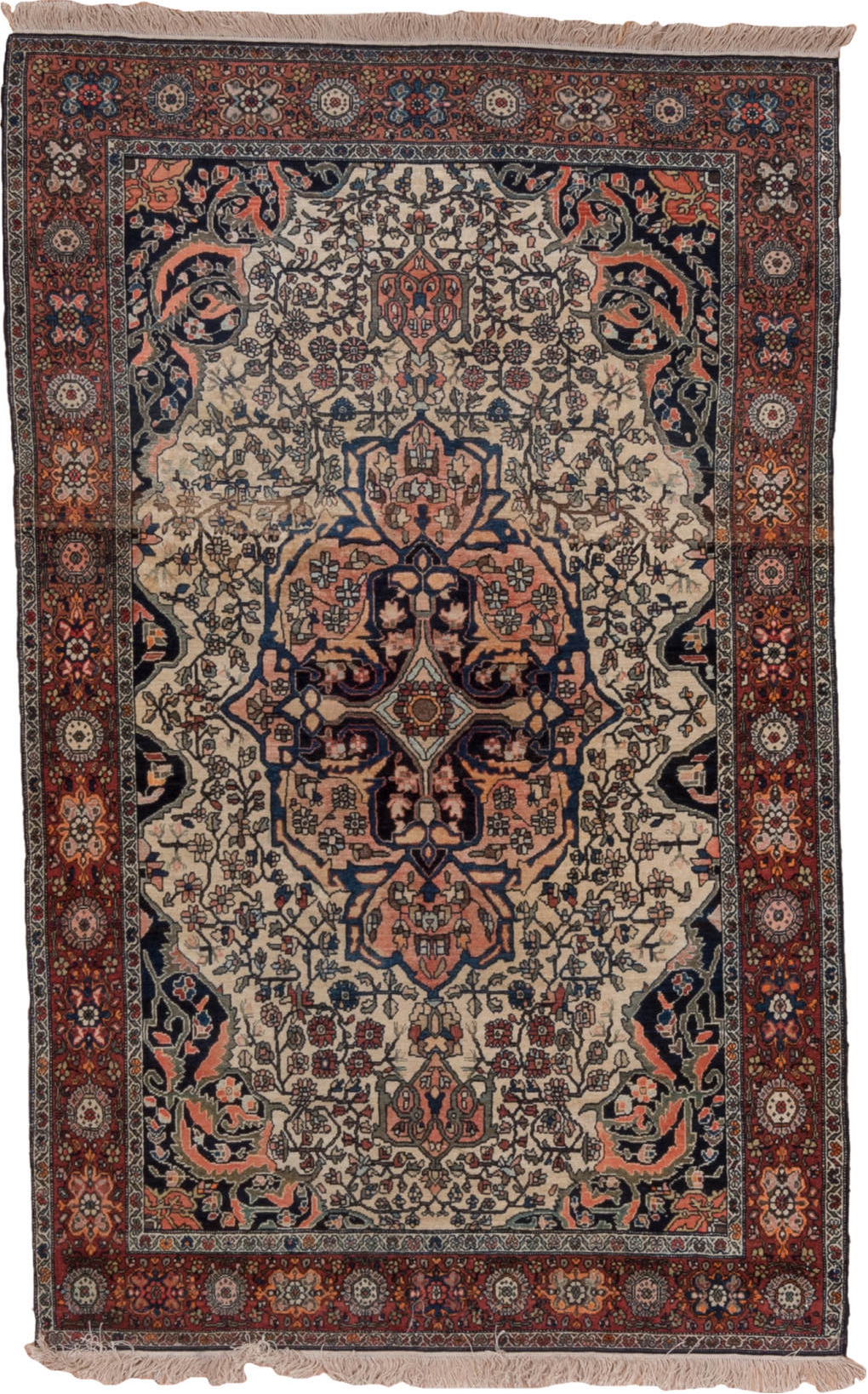 4' x 6' one-of-a-kind handmade vintage Far.Sarouk small size rug. Color palette: black, blue, brown, charcoal, gray