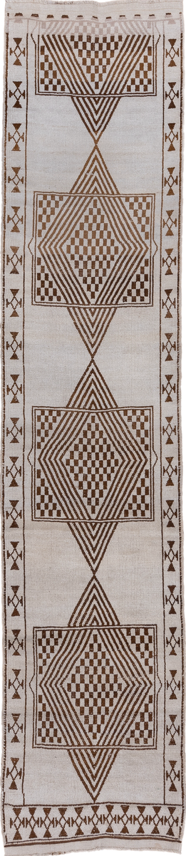 2' x 12' one-of-a-kind handmade vintage Kars runner rug. Color palette: gray, light gray, off-white, brown, pink, silver