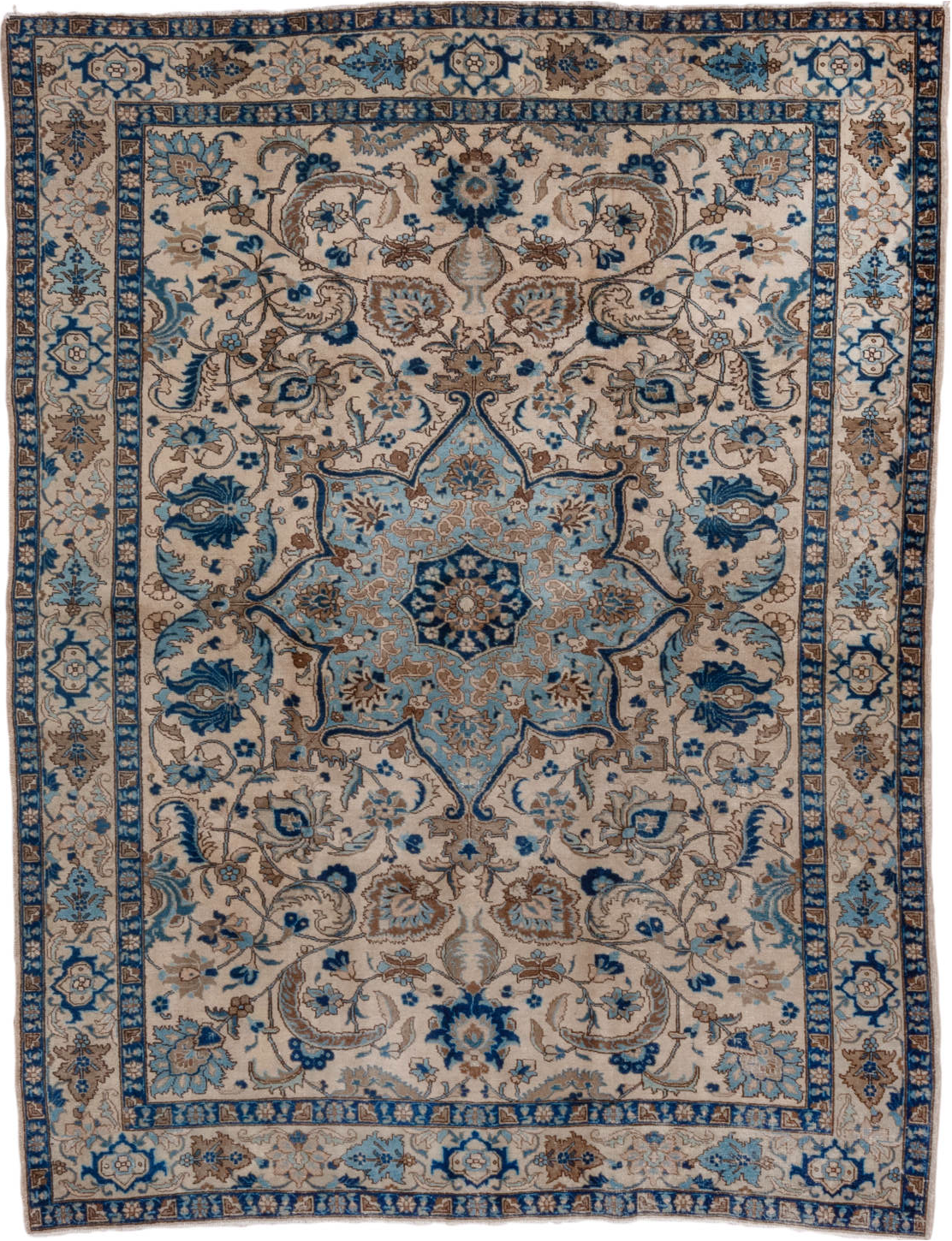 6' x 8' one-of-a-kind handmade vintage Tabriz medium size rug. Color palette: arapawa, blue, brown, dark gray, dim gray