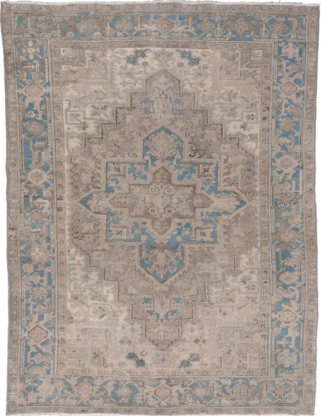 6' x 9' one-of-a-kind handmade vintage Heriz medium size rug. Color palette: dark gray, gray, light gray, light slate gray