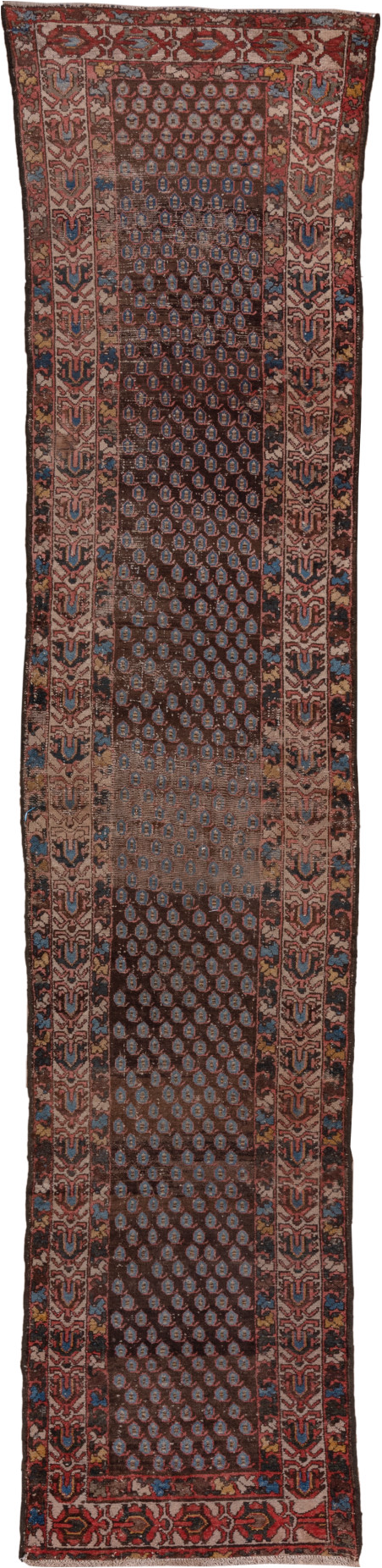 2' x 12' one-of-a-kind handmade vintage Malayer runner rug. Color palette: blue, brown, dim gray, gray, pink, red, redwood
