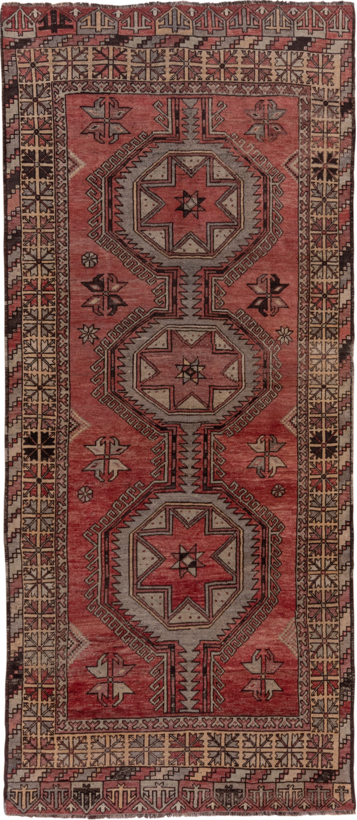 4' x 10' one-of-a-kind handmade vintage Oushak runner rug. Color palette: brown, gray, pink, red, redwood