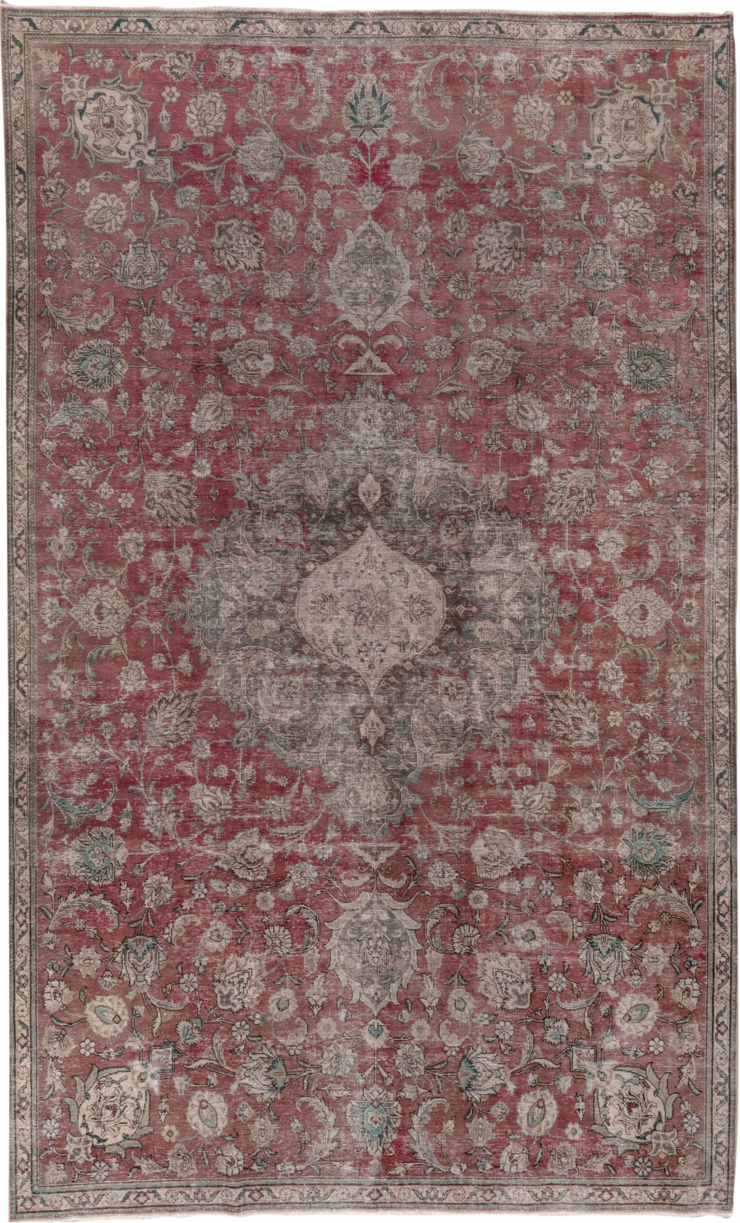 7' x 13' one-of-a-kind handmade vintage Distressed large size rug. Color palette: brown, gray, light gray, pink, red