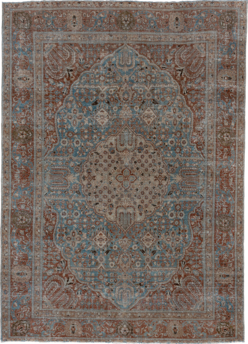 8' x 11' one-of-a-kind handmade vintage Tabriz large size rug. Color palette: gray, brown, off-white, blue, light gray