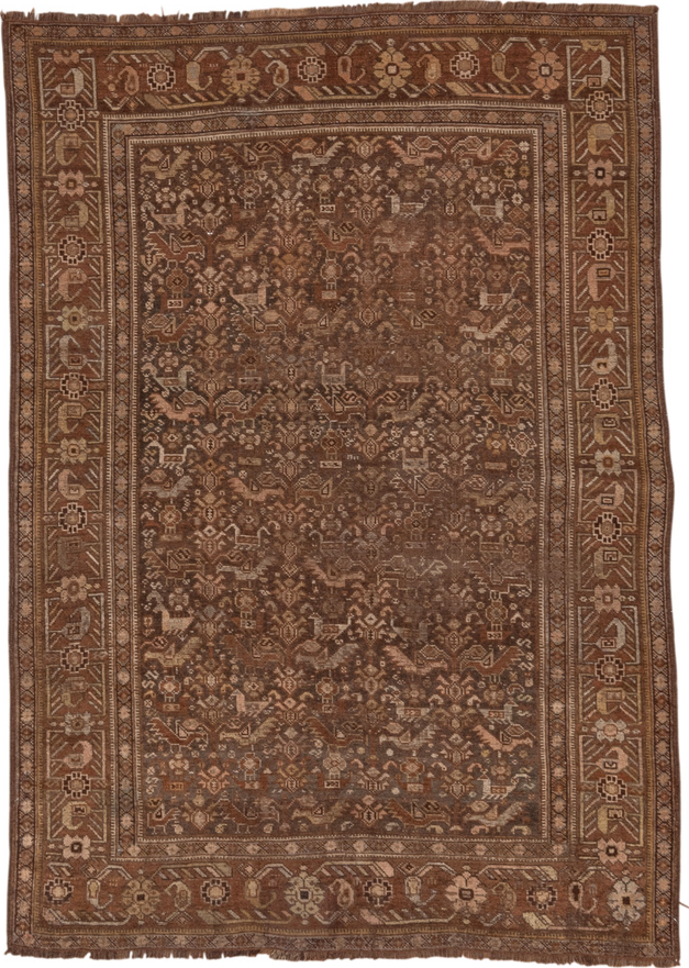 4' x 6' one-of-a-kind handmade vintage Shiraz small size rug. Color palette: brown, pink, gray, light gray, off-white, white