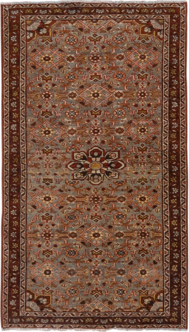 2' x 4' one-of-a-kind handmade vintage Malayer small size rug. Color palette: brown, gray, light gray, off-white, pink