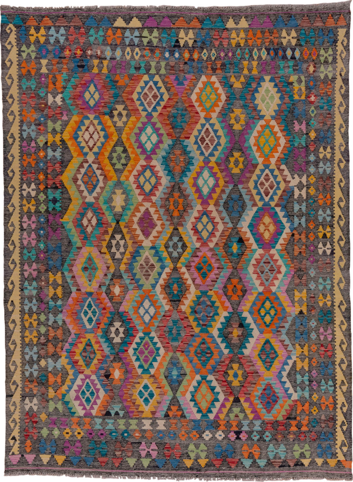 6' x 9' one-of-a-kind handmade vintage Kilim medium size rug. Color palette: arapawa, blue, brown, dim gray, gray, green