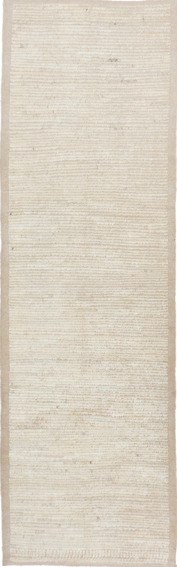 3' x 10' one-of-a-kind handmade vintage Tulu runner rug. Color palette: off-white, light gray, gray, brown, pink, white