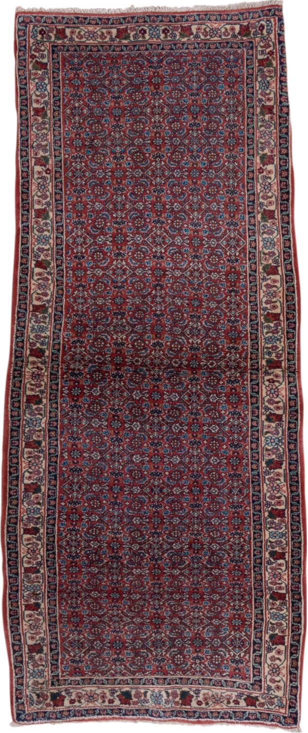 2' x 6' one-of-a-kind handmade vintage Bidjar runner rug. Color palette: brown, gray, pink, red