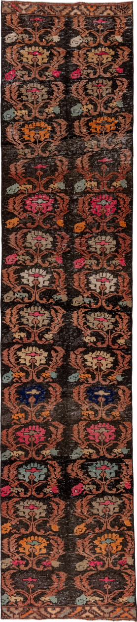 3' x 14' one-of-a-kind handmade vintage Oushak runner rug. Color palette: gray, brown, pink, red, black, off-white, white