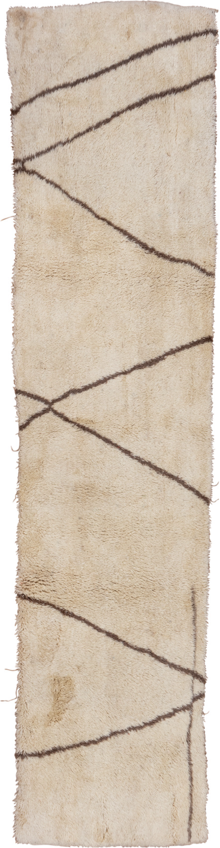 2' x 12' one-of-a-kind handmade vintage Moroccan runner rug. Color palette: brown, gray, light gray, linen, off-white, pink