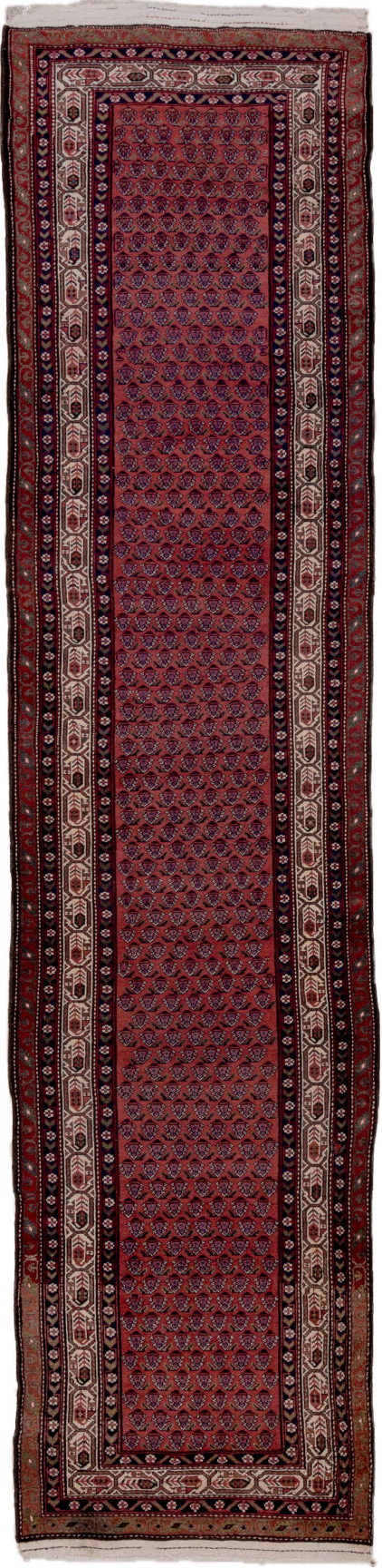 3' x 12' one-of-a-kind handmade vintage Malayer runner rug. Color palette: black, brown, gray, pink, red