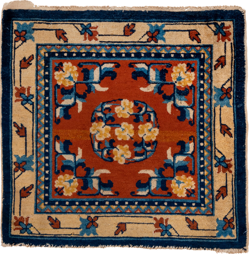 2' x 2' one-of-a-kind handmade vintage Chinese small size rug. Color palette: brown, yellow, gray, off-white, blue, orange