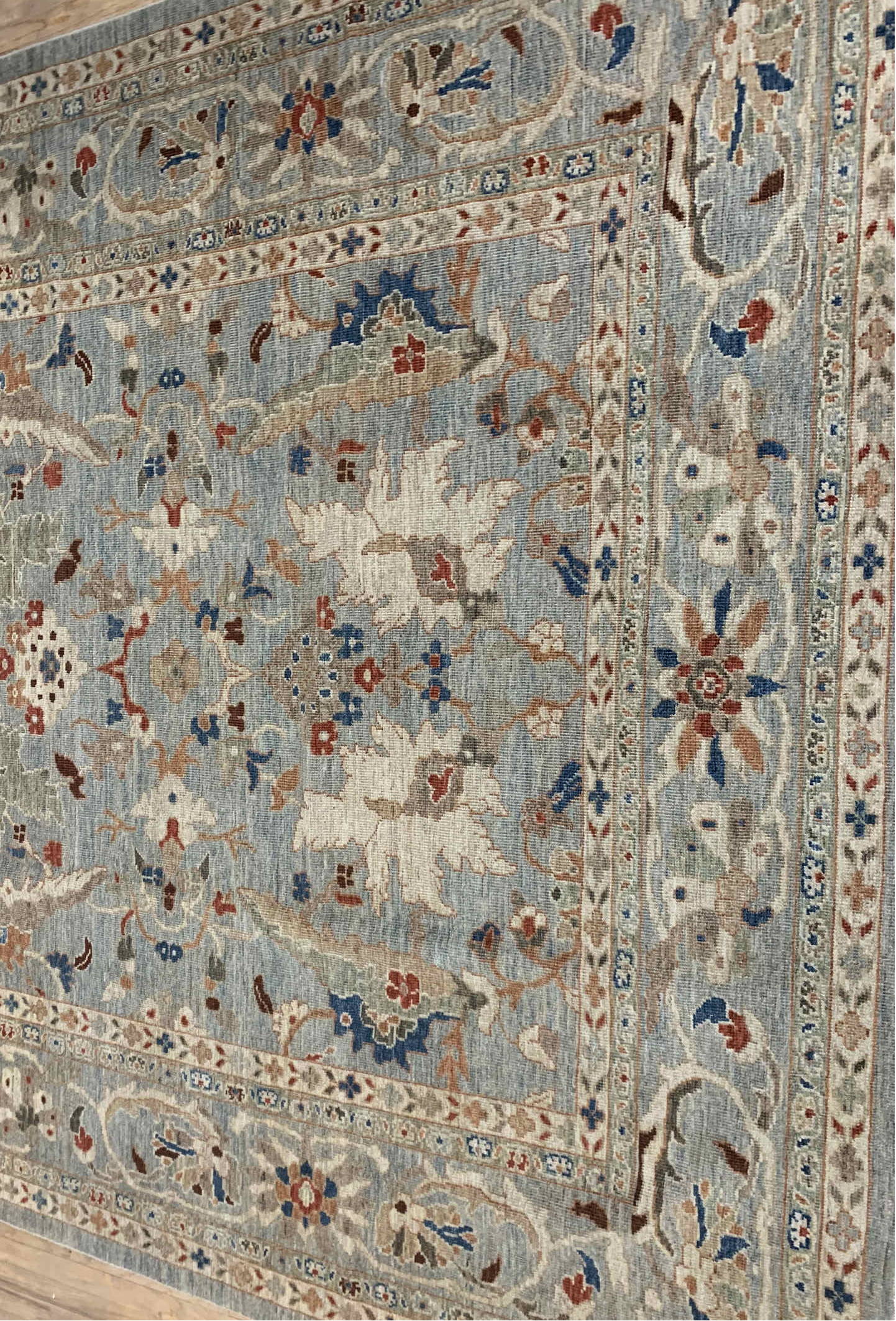8' x 10' one-of-a-kind handmade vintage Sultanabad large size rug. Color palette: blue, brown, dim gray, fiord, gray