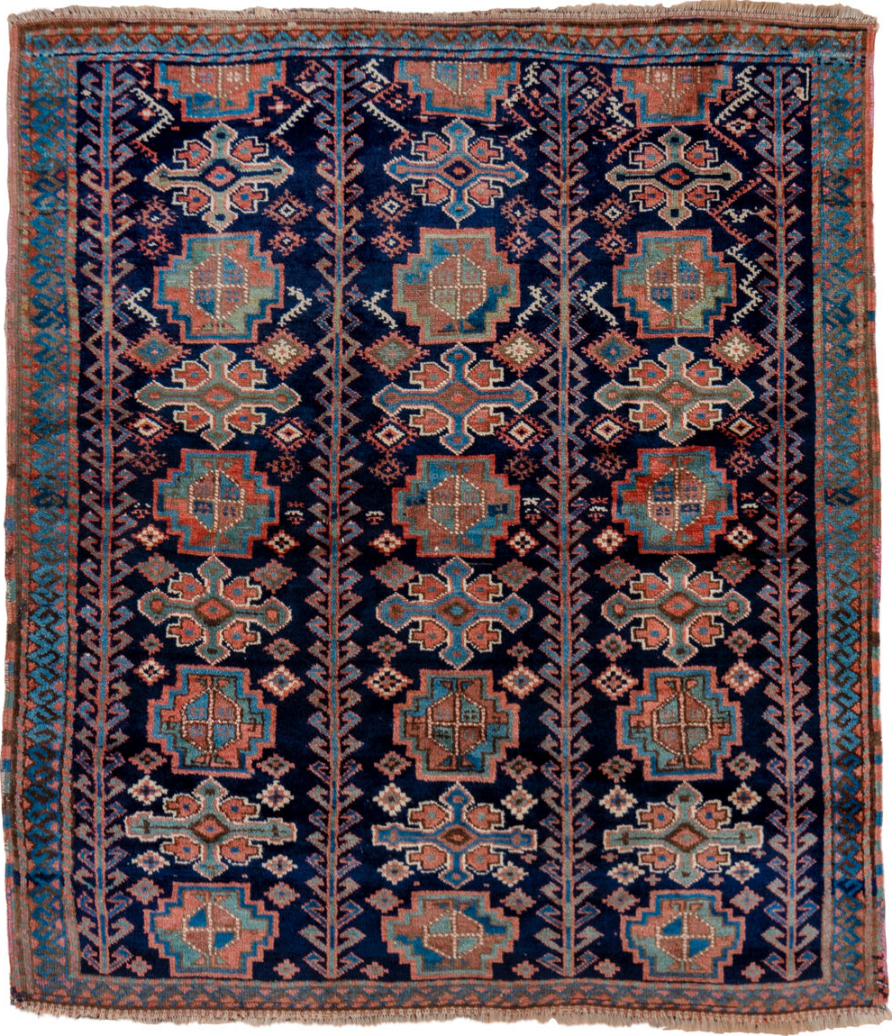 4' x 5' one-of-a-kind handmade vintage Kurd small size rug. Color palette: pink, gray, blue, brown, red, redwood, dim gray