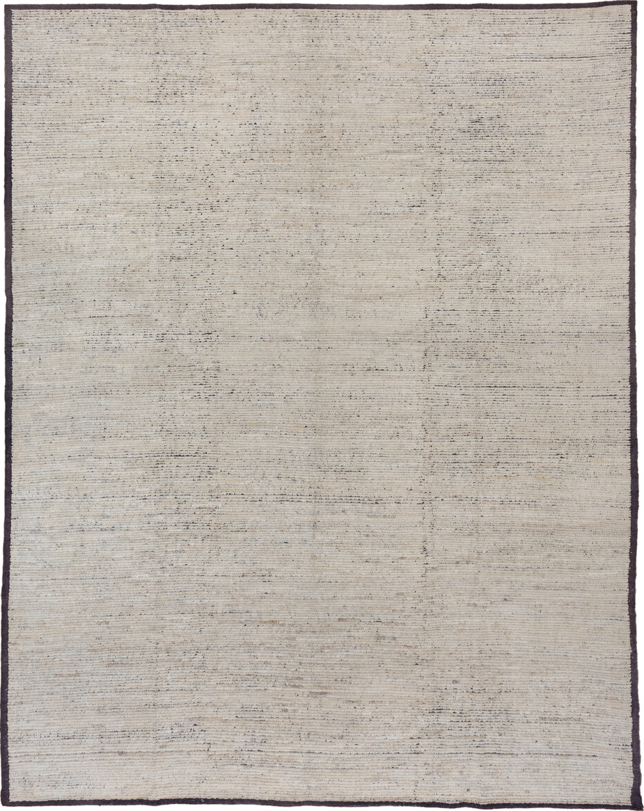 9' x 12' one-of-a-kind handmade vintage Tulu large size rug. Color palette: gray, light gray, off-white, pink, black, silver