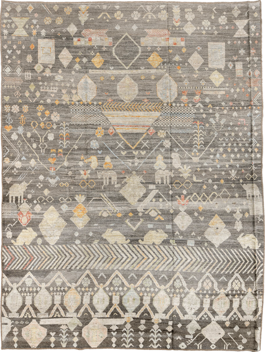 10' x 14' one-of-a-kind handmade vintage Tulu large size rug. Color palette: brown, burlywood, dim gray, gray, light gray