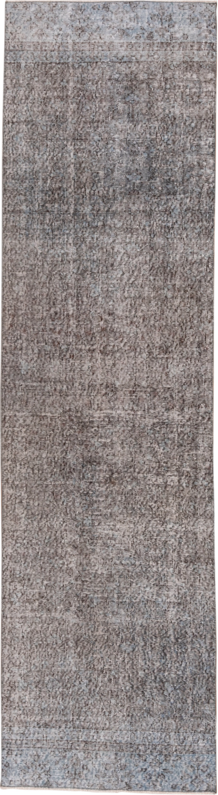 2' x 9' one-of-a-kind handmade vintage Overdyed runner rug. Color palette: black, charcoal, dark gray, dim gray, gray
