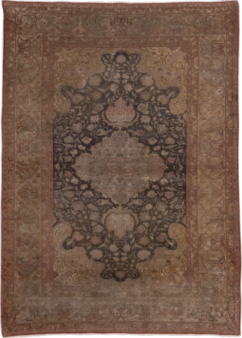 4' x 6' one-of-a-kind handmade vintage Sivas small size rug. Color palette: brown, gray, light gray, off-white, pink
