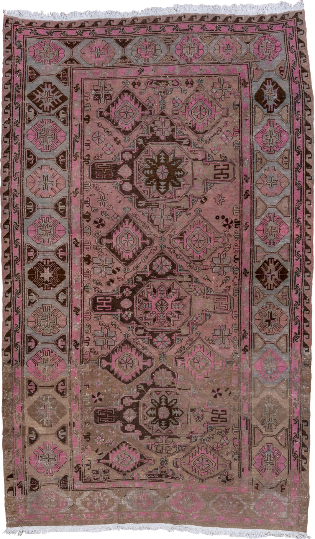7' x 11' one-of-a-kind handmade vintage Sumak large size rug. Color palette: brown, gray, light gray, off-white, pink