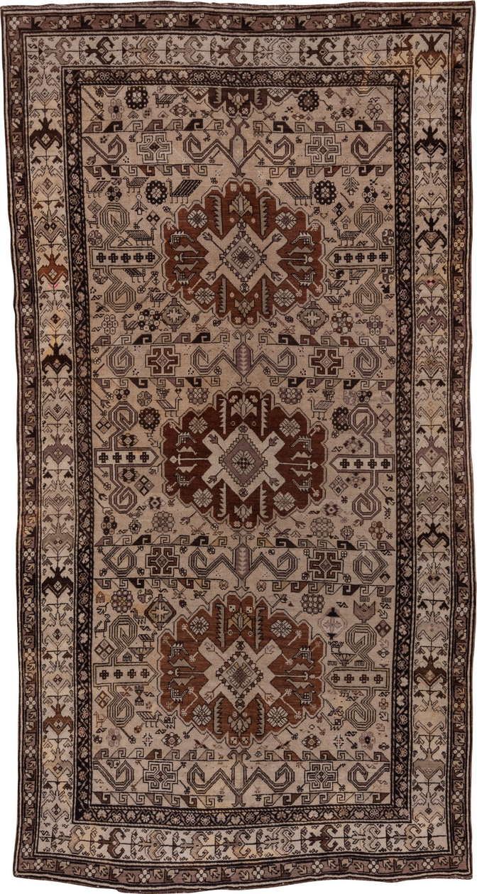 6' x 12' one-of-a-kind handmade vintage Karabagh large size rug. Color palette: brown, pink, gray, light gray, black