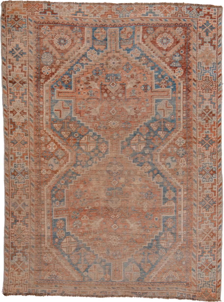 3' x 5' one-of-a-kind handmade vintage Shiraz small size rug. Color palette: brown, dim gray, gray, light gray, off-white