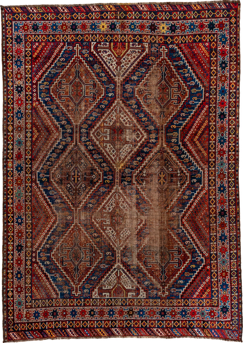 7' x 9' one-of-a-kind handmade vintage Shiraz rug. Color palette: brown, red, off-white, pink, light gray, gray, black, blue