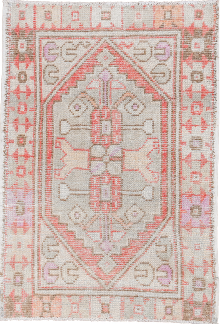 2' x 3' one-of-a-kind handmade vintage Oushak small size rug. Color palette: off-white, gray, light gray, red, pink, brown