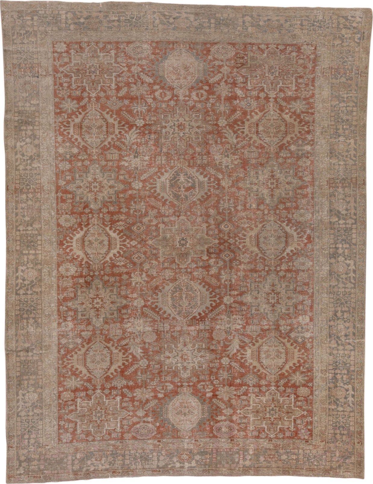 7' x 10' one-of-a-kind handmade vintage Karaje large size rug. Color palette: brown, pink, gray, light gray