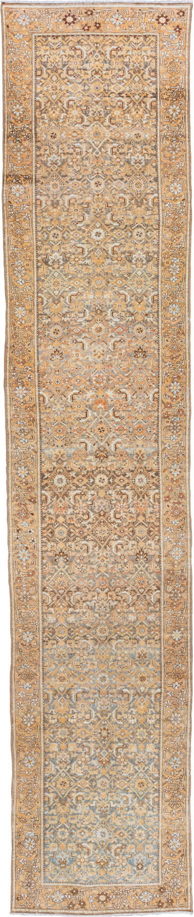 3' x 16' one-of-a-kind handmade vintage Malayer runner rug. Color palette: brown, gray, light gray, off-white, orange, pink
