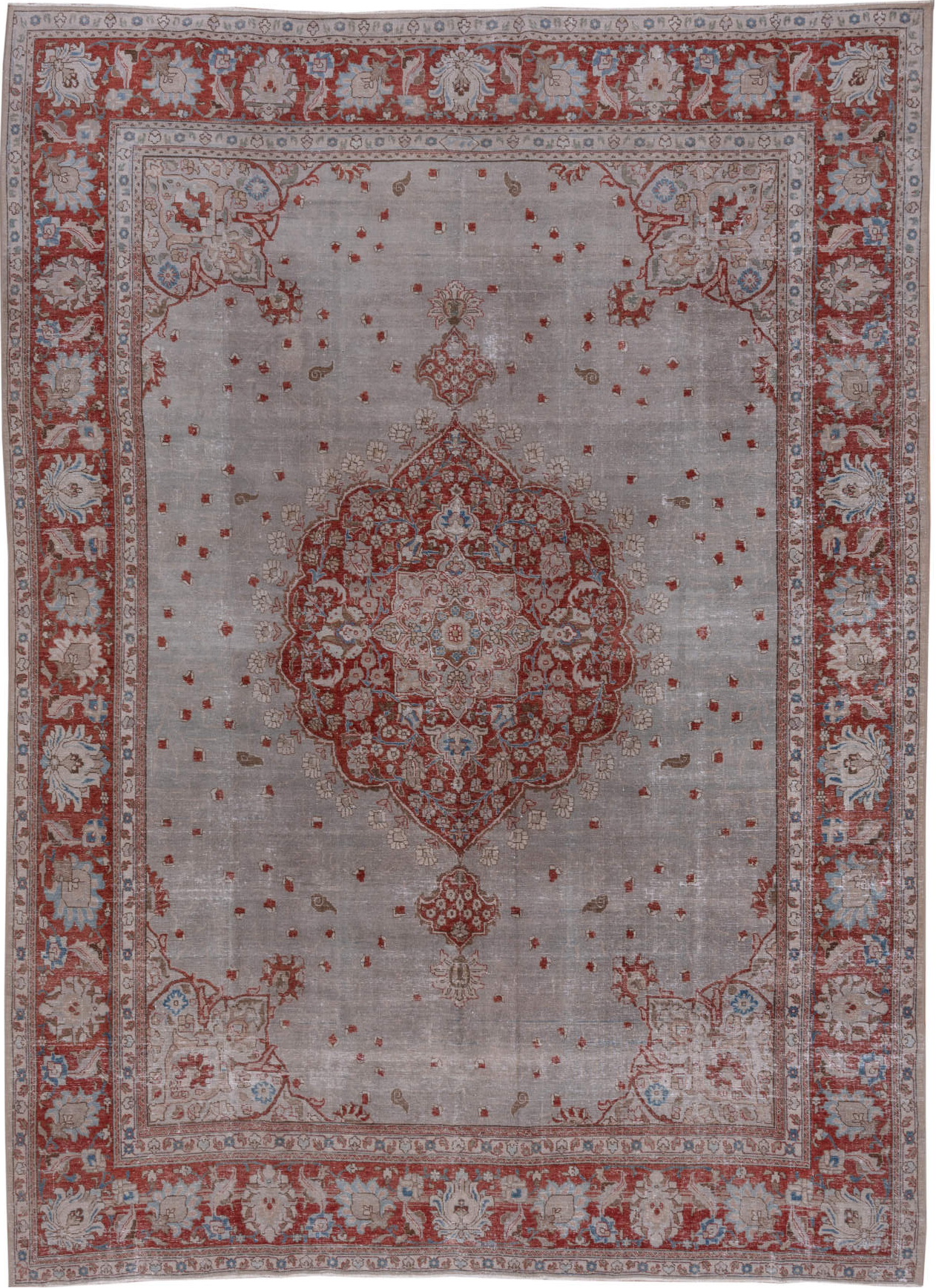 9' x 12' one-of-a-kind handmade vintage Tabriz large size rug. Color palette: blue, brown, gray, light gray, pink, red