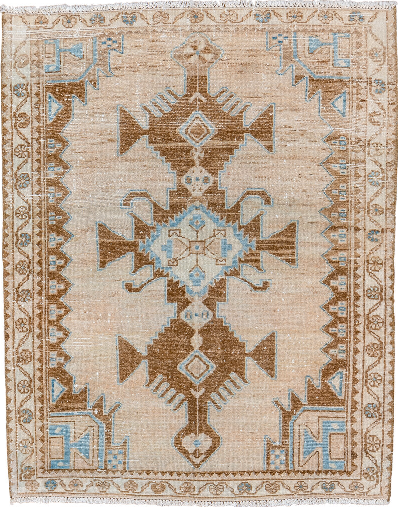 3' x 4' one-of-a-kind handmade vintage Malayer small size rug. Color palette: gray, brown, off-white, light gray, light blue