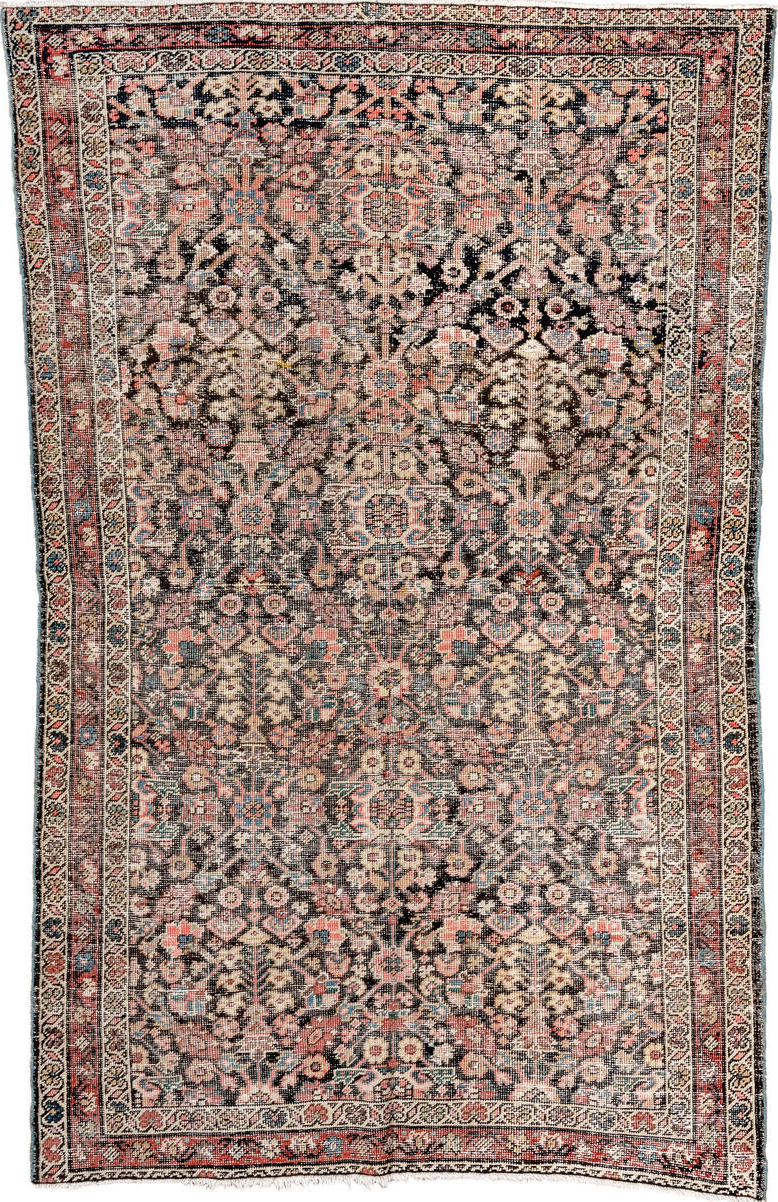 4' x 6' one-of-a-kind handmade vintage Farahan small size rug. Color palette: brown, gray, pink, light gray, off-white
