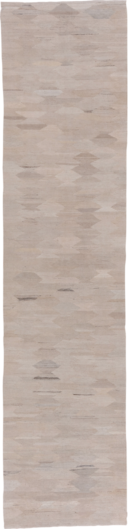 3' x 13' one-of-a-kind handmade vintage Kilim runner rug. Color palette: gray, light gray, off-white, pink, silver, snow