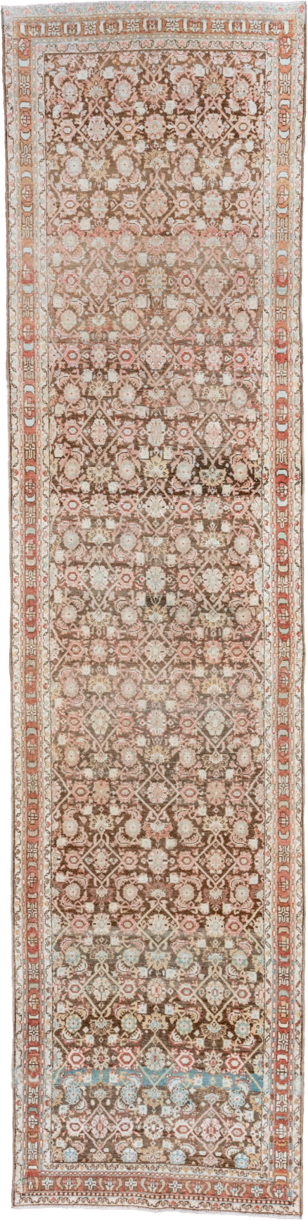 3' x 13' one-of-a-kind handmade vintage Malayer runner rug. Color palette: brown, gray, light gray, off-white, orange, pink