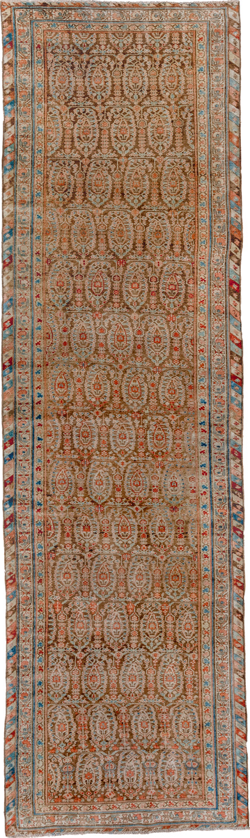 3' x 11' one-of-a-kind handmade vintage Malayer runner rug. Color palette: gray, brown, blue