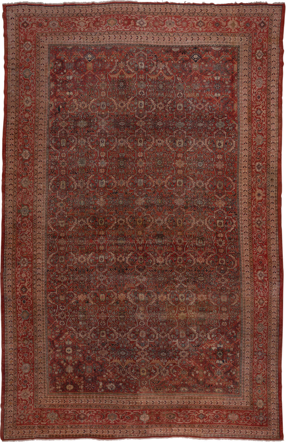 13' x 20' one-of-a-kind handmade vintage Sultanabad oversize rug. Color palette: brown, gray, pink, red