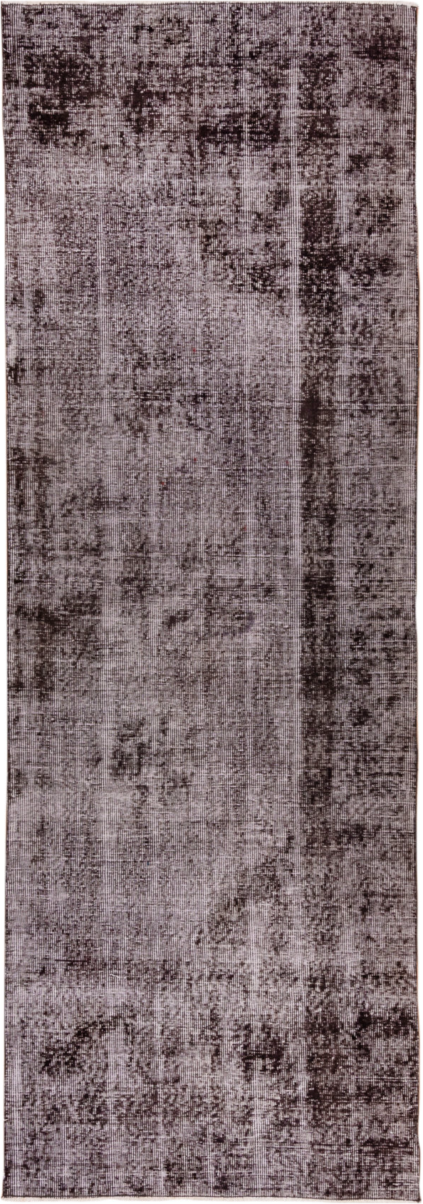 3' x 9' one-of-a-kind handmade vintage Overdyed runner rug. Color palette: gray, light gray, off-white, pink, silver