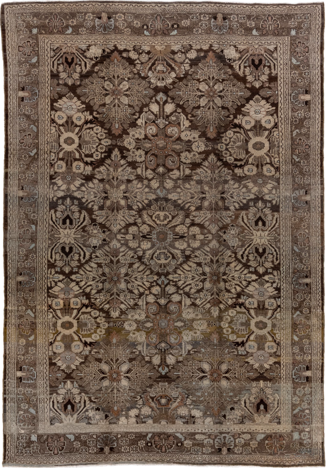 7' x 10' one-of-a-kind handmade vintage Malayer large size rug. Color palette: brown, gray, light gray